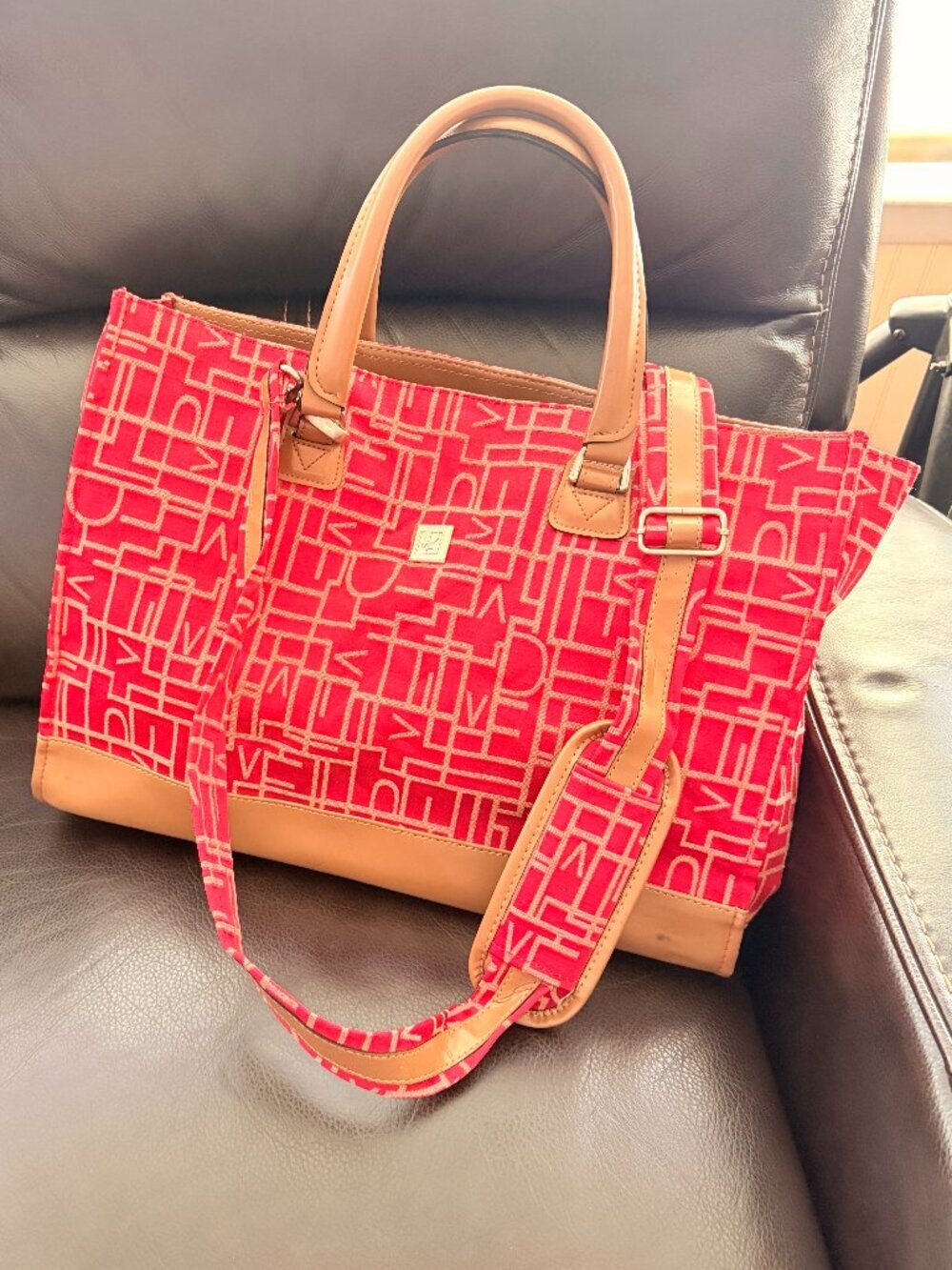 Diane Von Furstenberg Tote Bag Large Red Monogram Weekend Travel Canvas Leather - Picture 2 of 10